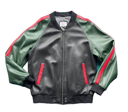 Black Leather Biker Jacket with Vibrant Red & Green Contrast 🏍🔥