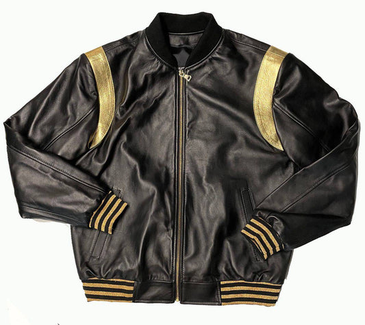 Black Leather Bomber Jacket with Gold Accents ✨🔥