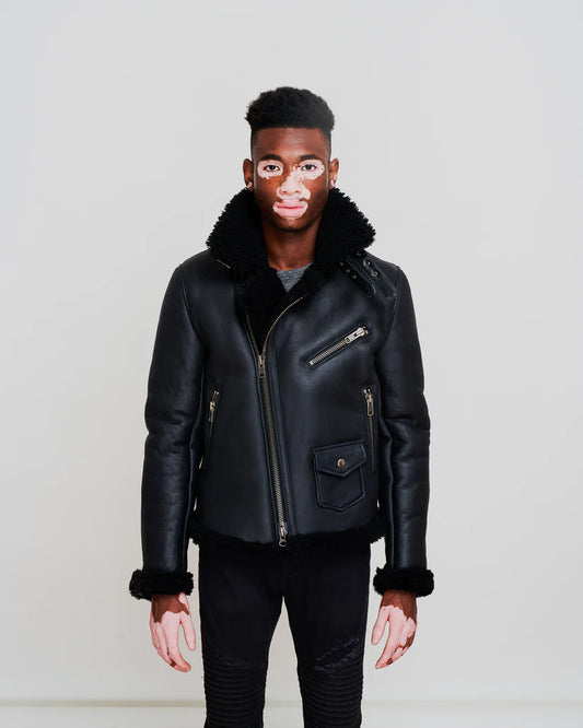 Classic Black Shearling Moto Jacket with Asymmetrical Zipper and Faux Fur Collar