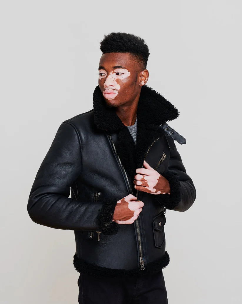 Classic Black Shearling Moto Jacket with Asymmetrical Zipper and Faux Fur Collar