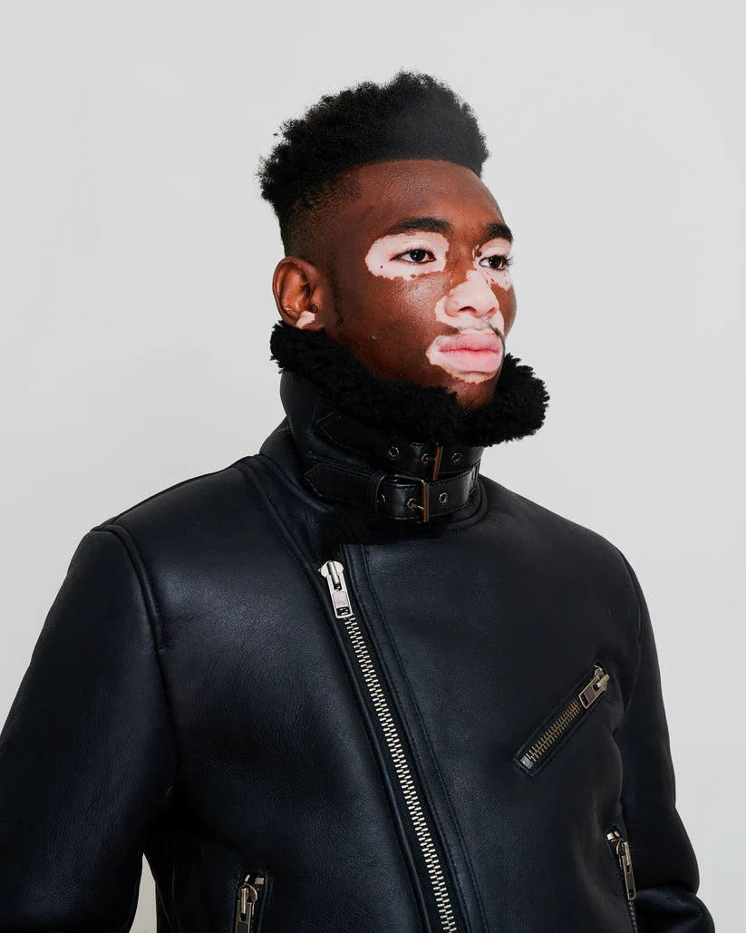 Classic Black Shearling Moto Jacket with Asymmetrical Zipper and Faux Fur Collar