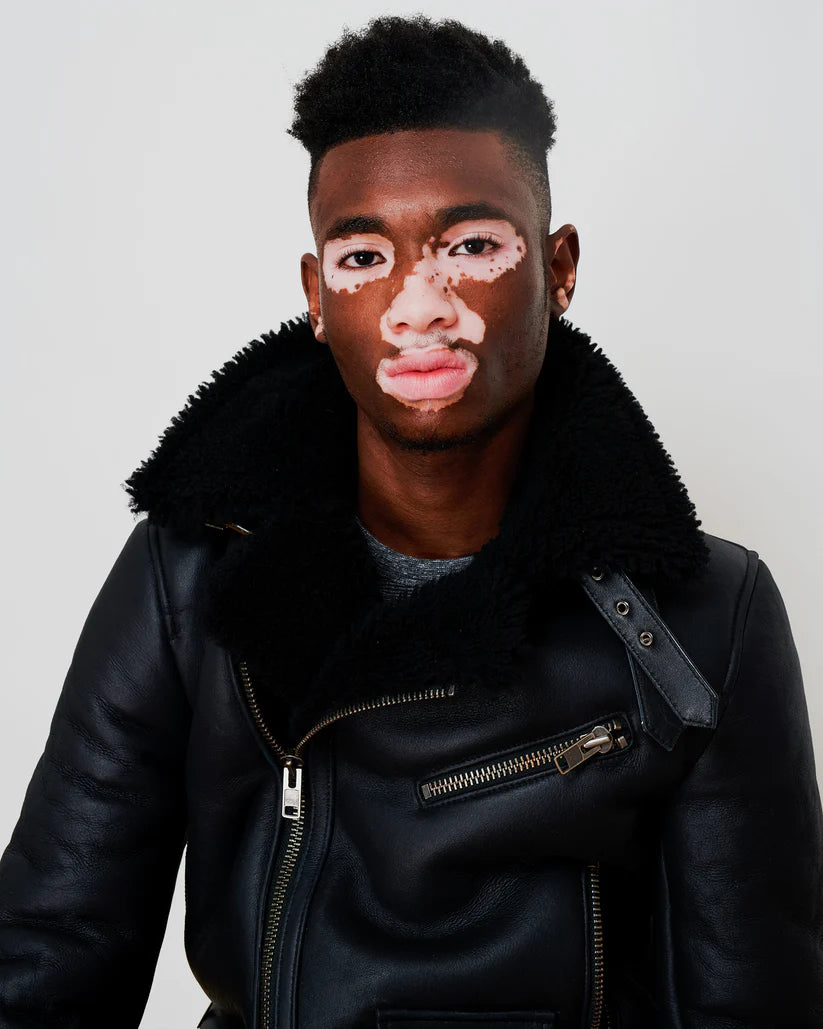 Classic Black Shearling Moto Jacket with Asymmetrical Zipper and Faux Fur Collar