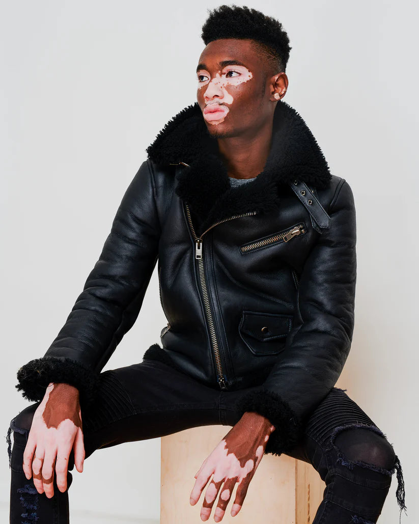 Classic Black Shearling Moto Jacket with Asymmetrical Zipper and Faux Fur Collar